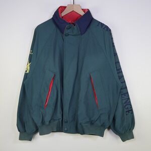 Vintage 90s Nautica J-Class Sailing Bomber Jacket Large Hidden Hood Green Blue